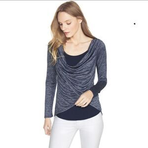 🔺️White House Black Market Blue & Silver Long Sleeve Cowl Neck Blouse Small